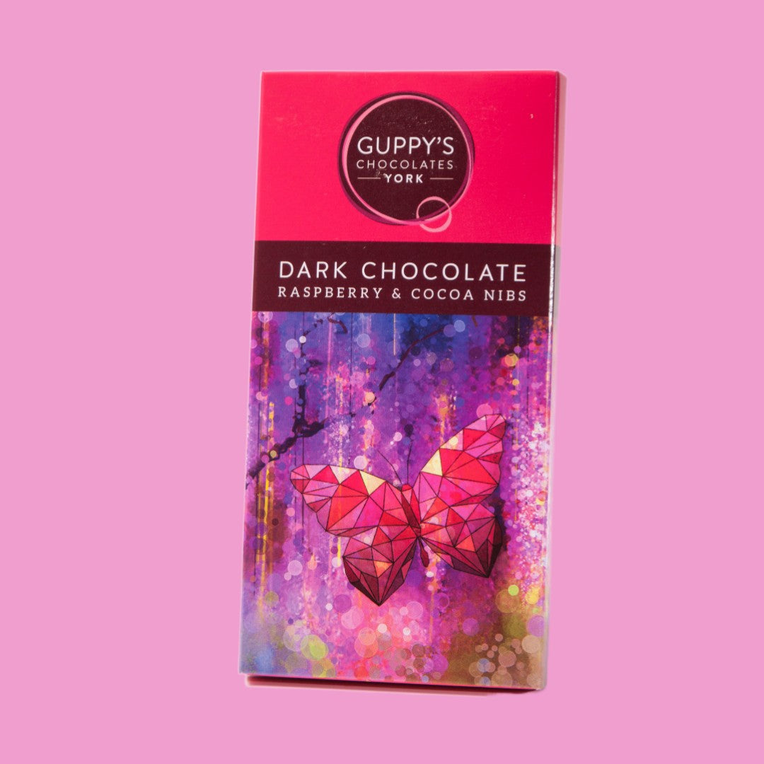 Vegan Friendly Dark Chocolate Bar with Raspberry and Cocoa Nibs
